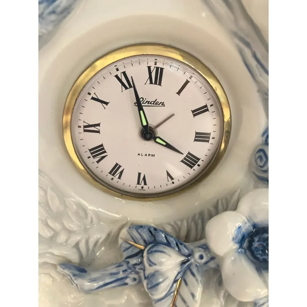 Vintage Linden Mechanical Mantle Alarm Clock Porcelain Blue Jay Gold Accents